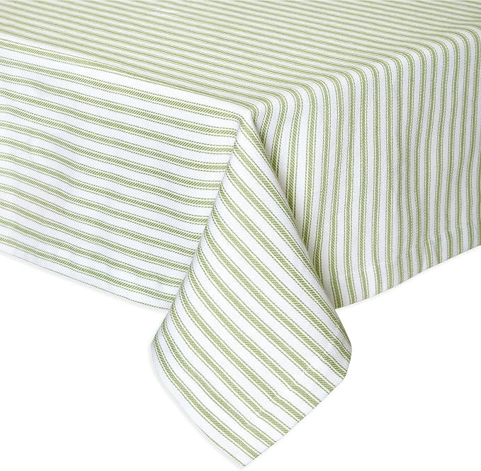 Cackleberry Home Tarragon Green and White Ticking Stripe Fabric Tablecloth Woven Cotton, 60 Round | Amazon (US)