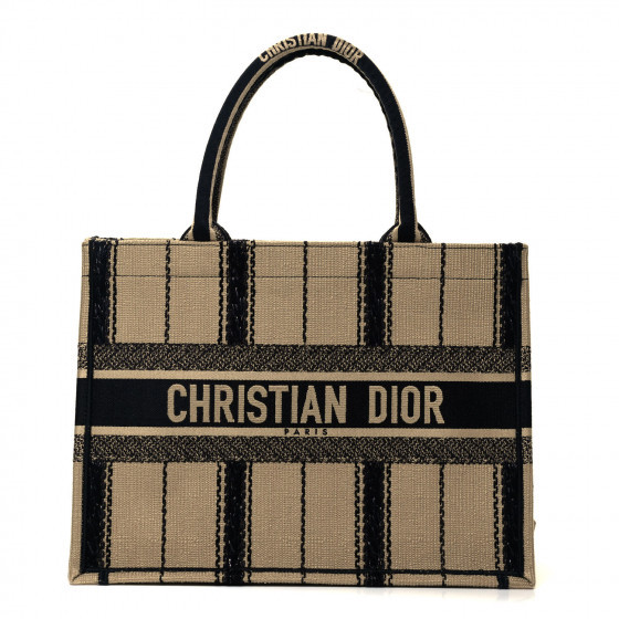 CHRISTIAN DIOR Canvas Embroidered Small Bayadere Book Tote Black Beige | Fashionphile