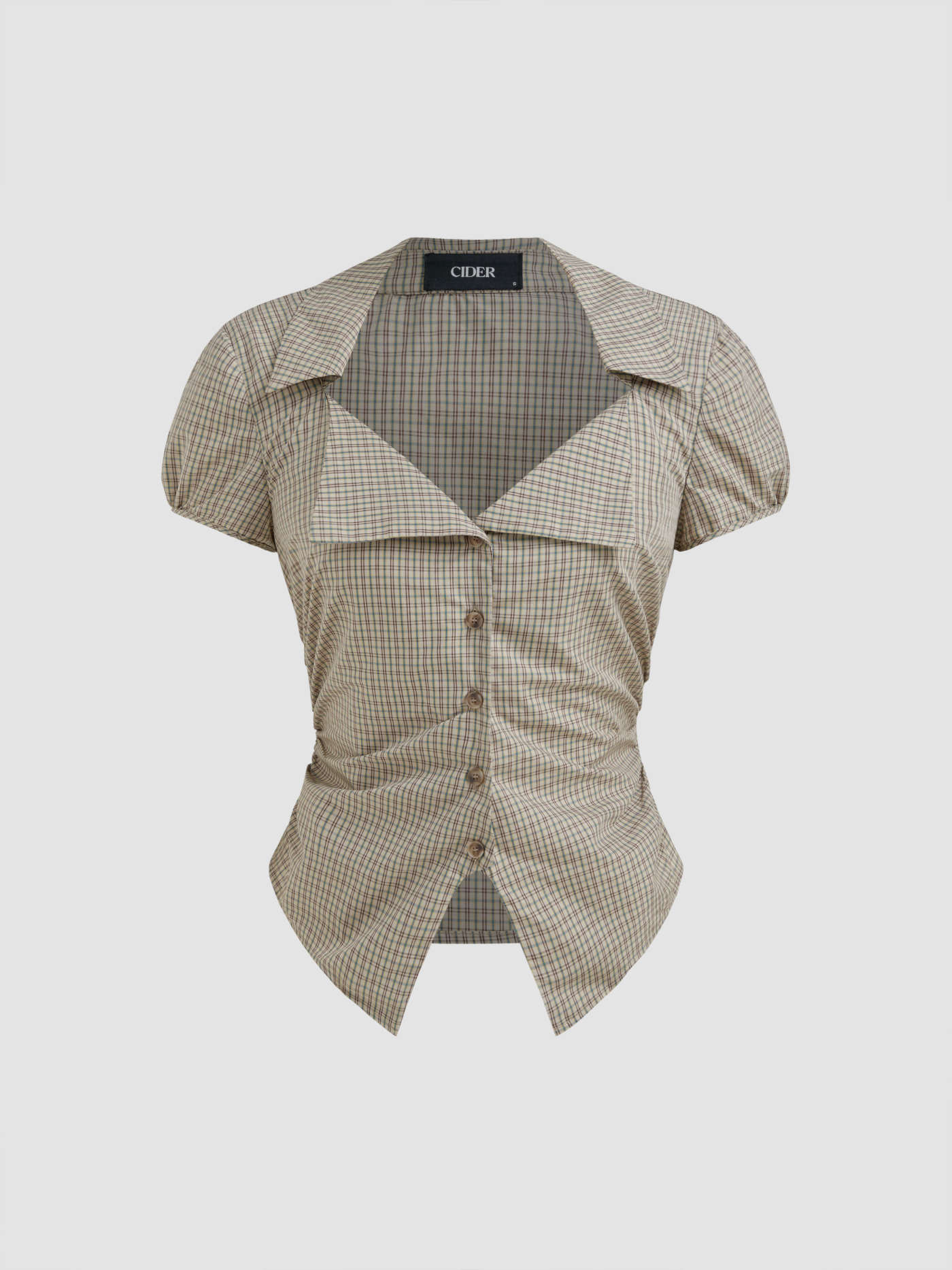 Woven 100% Cotton Tartan Split Ruched Shirt For Daily Casual | Cider