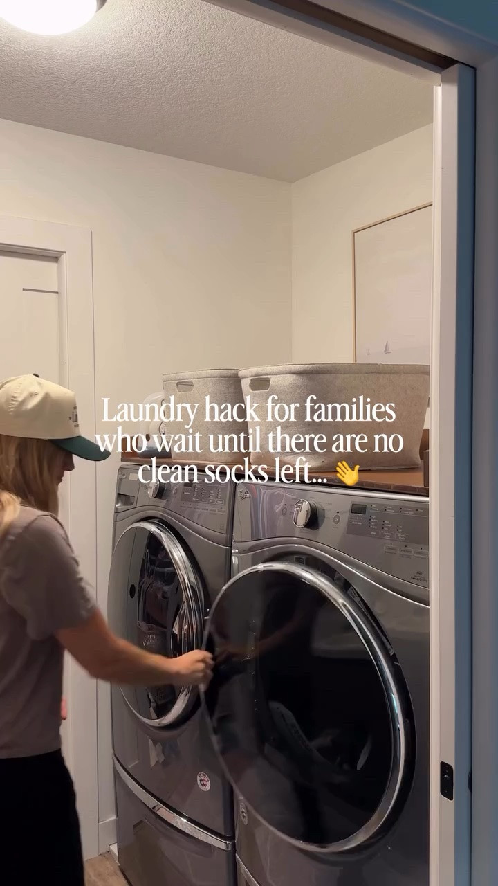 This system actually works! ⬇️⬇️

I added a countertop for more open space and sort the laundry as soon as it comes out of the dryer! Right to the bins and kids room. 

This saves so much time!! 

comment ✨laundry✨ for the link to this counter that SAVED MY LAUNDRY SYSTEM!!!