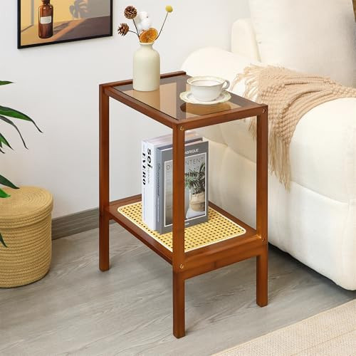 Mordchil HF 2-Tier Bamboo Side Table, Modern Glasstop Rattan Side Table, Mid Century Wood Sofa-Side End Tables for Living Room, Bedroom Night Stand with Storage, Small Narrow Coffee Tables, Walnut | Amazon (US)