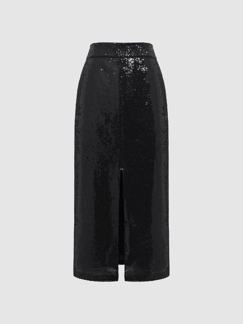 Reiss Black Dakota Regular Sequin Pencil Skirt | Reiss US