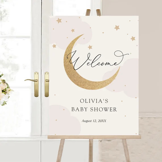 Moon and Stars Shower Welcome Sign Baby Shower Pink Clouds - Etsy | Etsy (US)