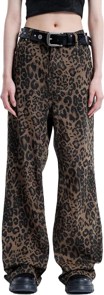 Aelfric Eden Leopard Print Jeans for Women Y2K Leopard Pants Vintage Streetwear Jeans Straight Le... | Amazon (US)