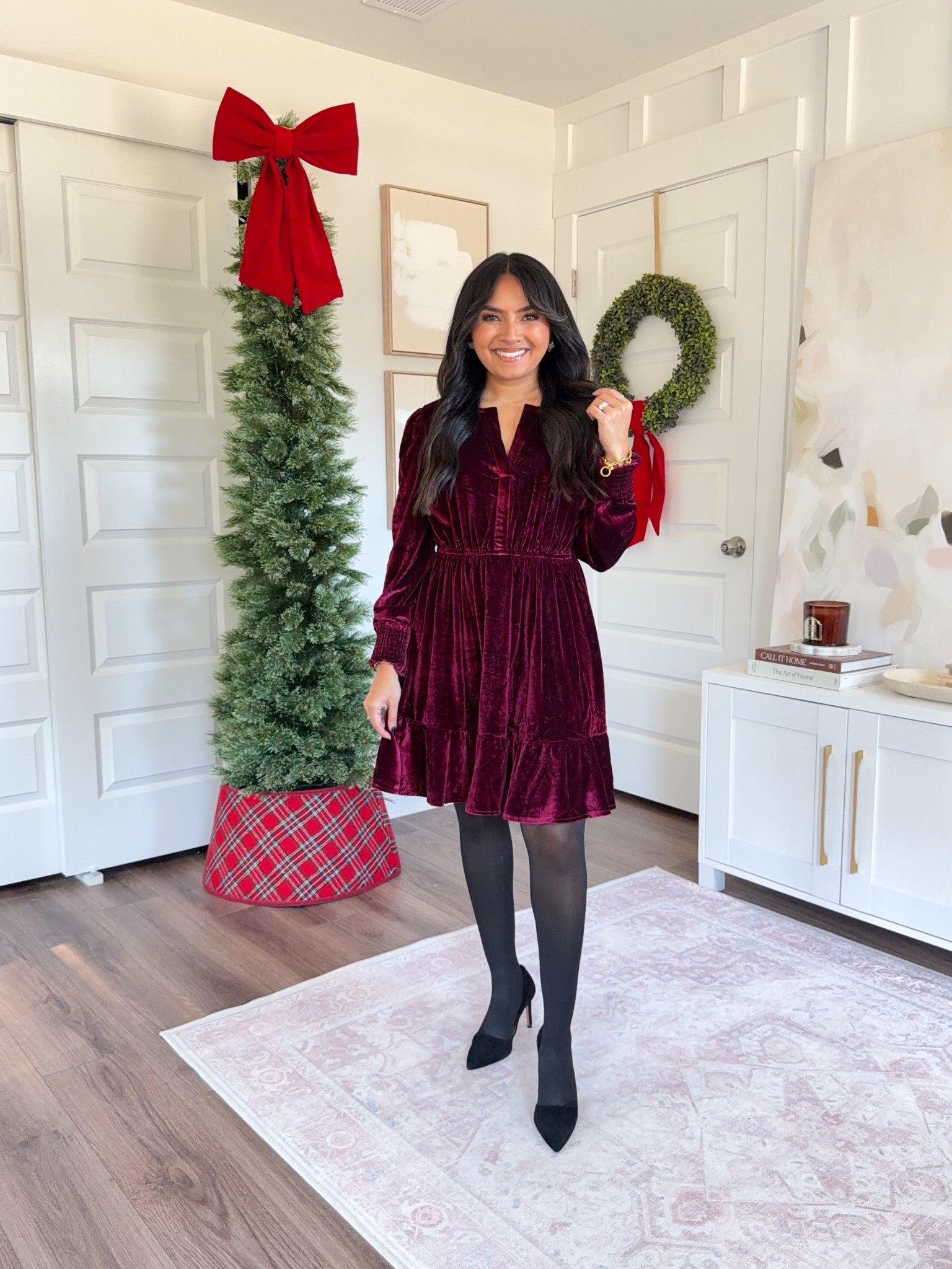 Burgundy wine red velvet long sleeve dress size small TTS
Black tights size small TTS
Black heels size 5 TTS

#LTKHoliday #LTKGiftGuide #LTKStyleTip
