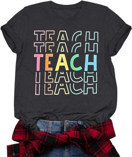 Teacher Shirts for Women Funny Teacher Shirts Vintage Teacher Letter Print Graphic Tshirt Teacher Gifts Tops T Shirts Deepgrey | Amazon (US)