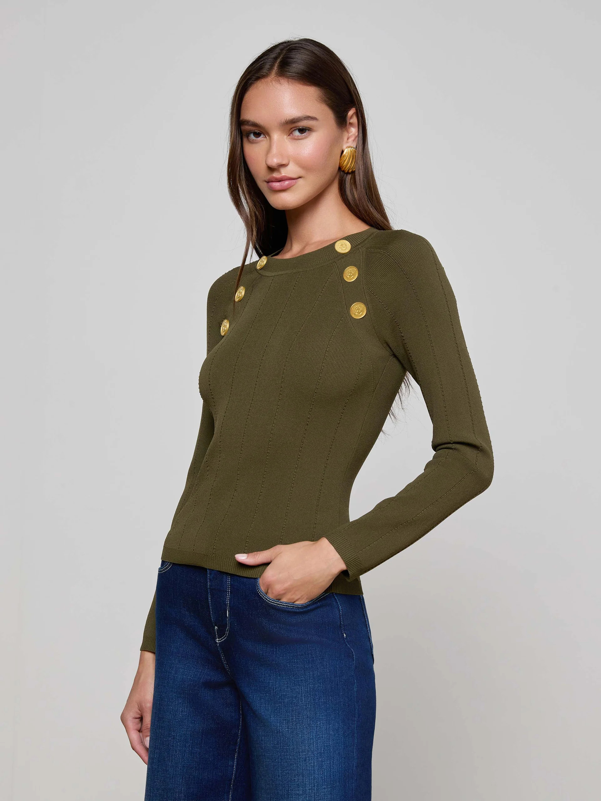 Gretchen Pullover in Deep Olive/Gold | L'AGENCE | L'Agence