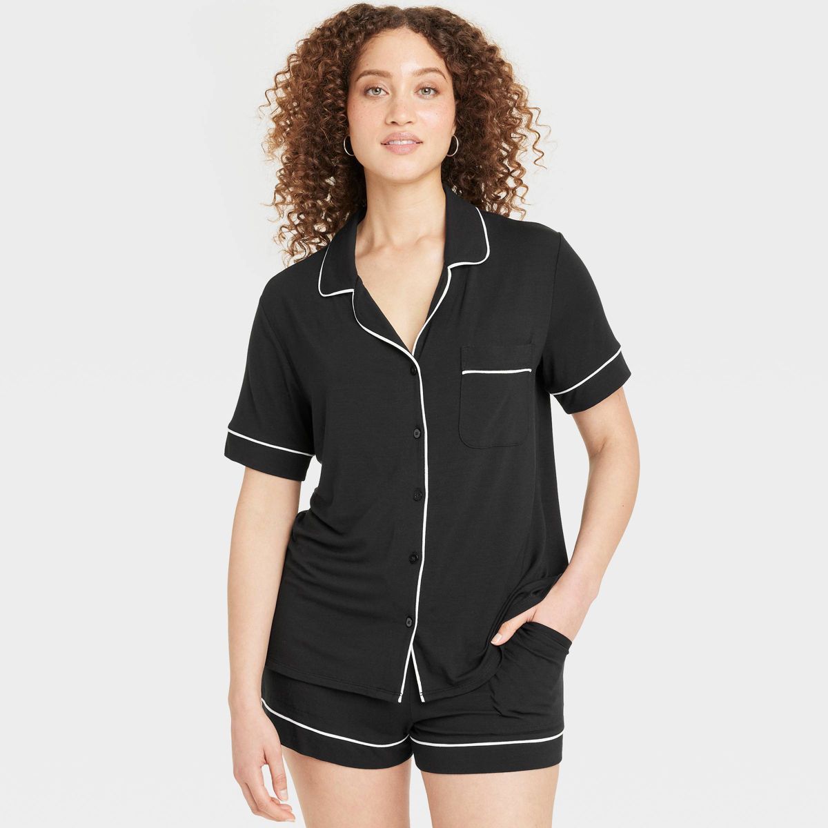 Women's Cloud Knit Short Sleeve Notch Collar Top and Shorts Pajama Set - Auden™ | Target