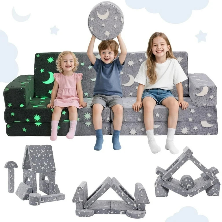 Kids Play Couch, Caveen 14Pcs Modular Kids Play Sofa,Glow in the Dark Toddler Play Couch for Play... | Walmart (US)