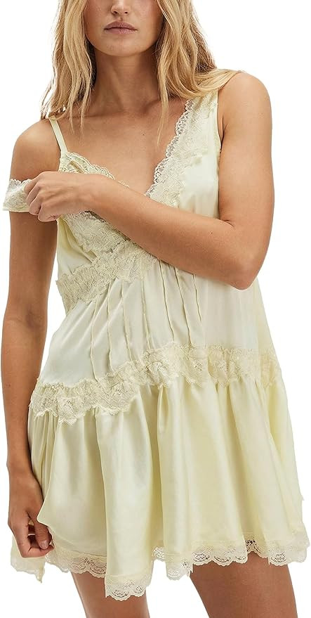 Womens Lace Mini Dress Slip Dress V-Neck Summer Y2k Ruffle Hem Flowy Swing Boho Short Dresses | Amazon (US)