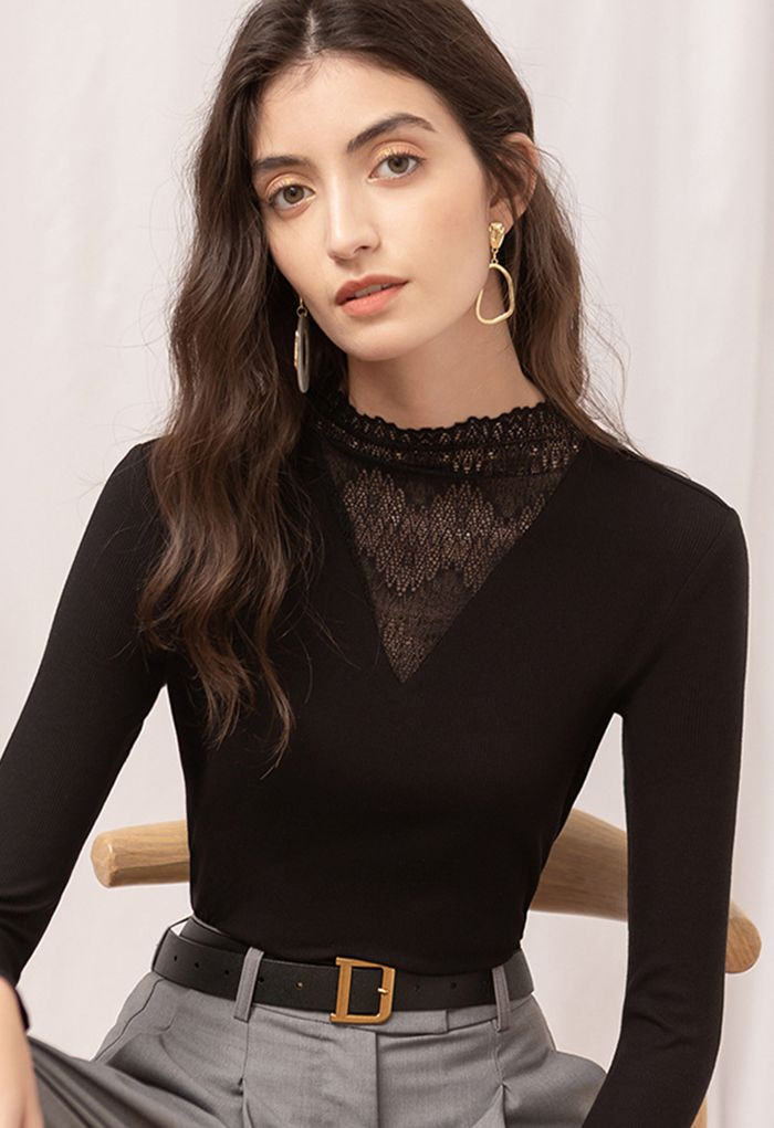 Lacy Spliced V-Neck Fitted Top in Black | Chicwish