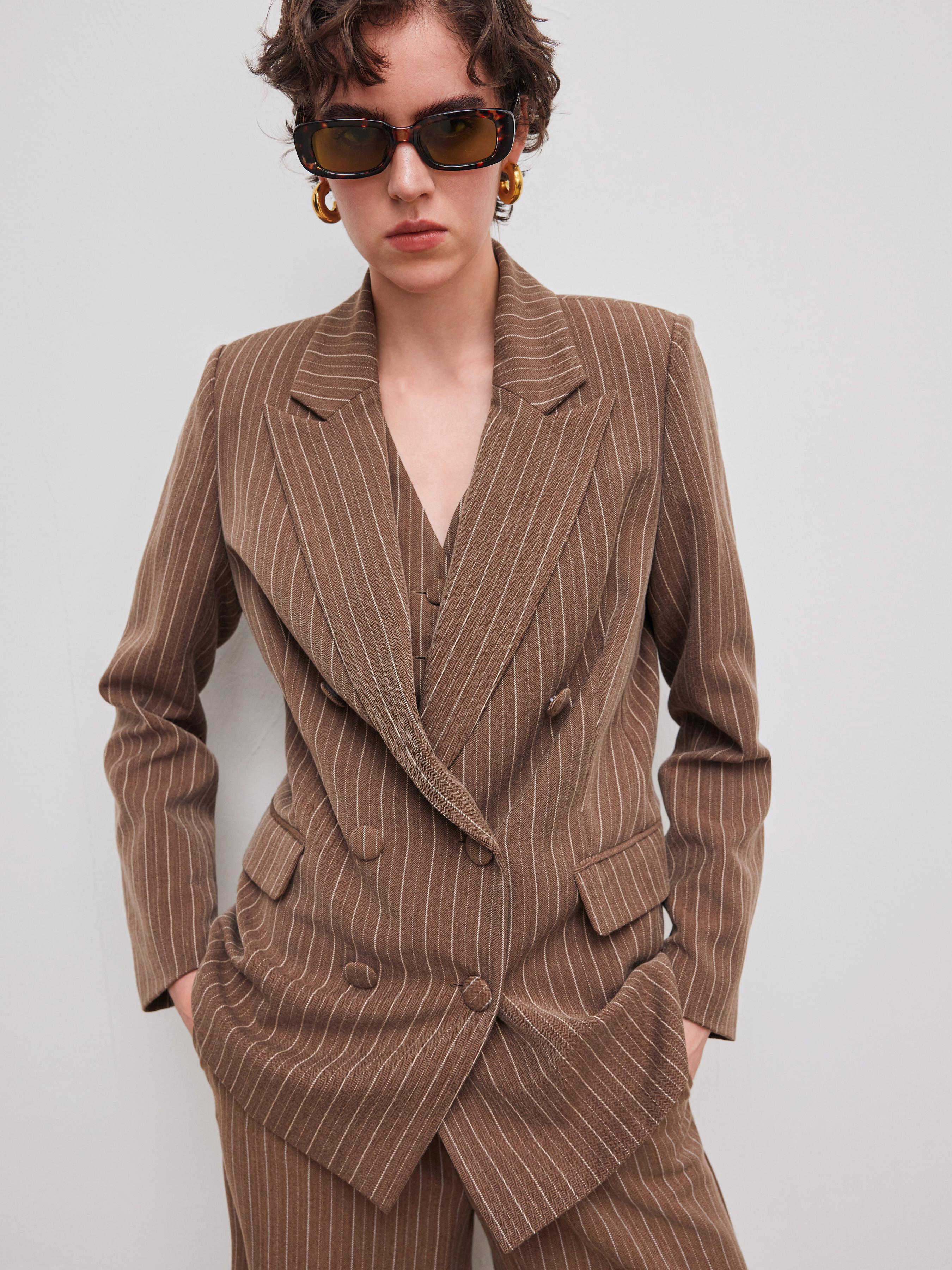 Wool-like fabrics Wool-look Notched Collar Double Breasted Striped Oversized Blazer For Work | Cider