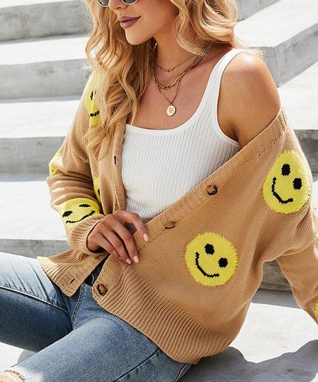 Lisa and Rose Brown & Yellow Happy Face Button-Up Cardigan - Women | Zulily