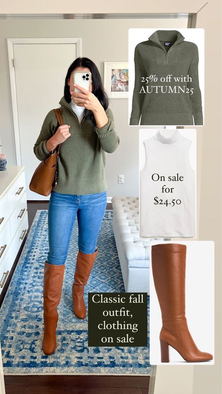 Classic fall outfit on sale. I’ve been trying to find a new pair of tall boots and these are a contender. Love the classic cognac color and the heel. I recently got this quarter zip sweater and I’m in love! The green color is great, and it also comes in a navy and cream stripe. You can take 25% off with AUTUMN25. Layered over a sleeveless turtleneck (on sale) and jeans. 

Sweater- fits TTS, I’m wearing a petite XS, but could have worn a regular XS
Turtleneck - fits TTS, wearing a S
Boots - Fit TTS, if between sizes, size up

Classic style, preppy, fall fashion, mom style, ootd, Lands’ End, jcrew, sale, Fall boots, booties #fallfashion #sale #preppy #boots 

#LTKSeasonal #LTKsalealert #LTKfindsunder50