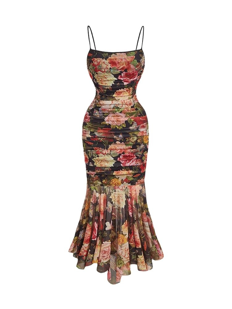 GORGLITTER Women's Floral Cami Dresses Mesh Ruched Ruffle Hem Cocktail Dress Spaghetti Bodycon Mi... | Amazon (US)