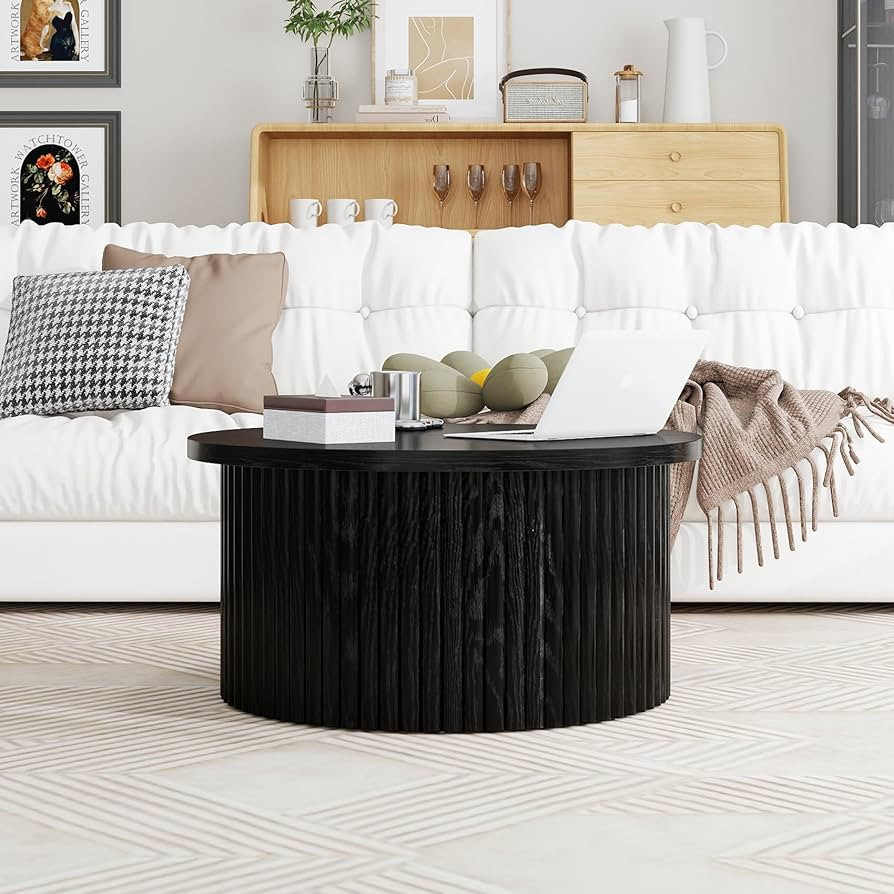 Black Round Fluted Coffee Table with Storage, 31.5" Modern Wood Coffee Table for Living Room, Far... | Amazon (US)