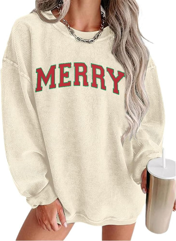 MAXIMGR Merry Christmas Sweatshirts Women Oversized Corduroy Merry Sweatshirt Jolly Sweater Xmas ... | Amazon (US)