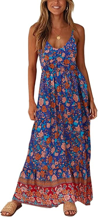 Angashion Women's Dresses Floral Adjustable Spaghetti Strap V Neck Boho Long Maxi Dress Summer Be... | Amazon (US)