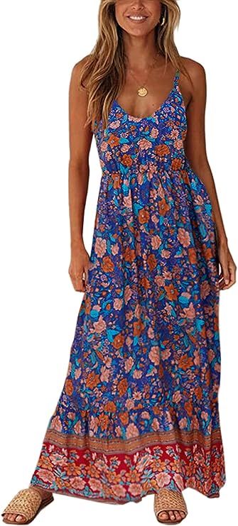 Angashion Women's Dresses Floral Adjustable Spaghetti Strap V Neck Boho Long Maxi Dress Summer Be... | Amazon (US)