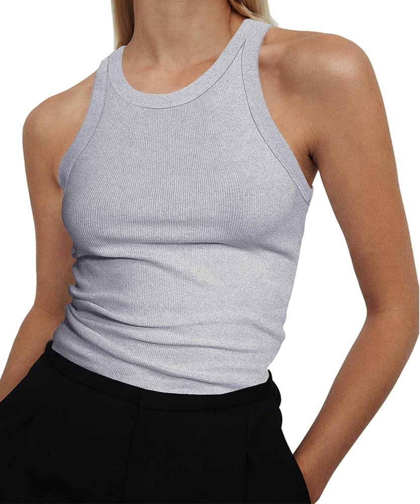Artfish Women's Sleeveless Full Length Ribbed Fitted Racerback Workout Crew High Neck Basic Tank ... | Amazon (US)