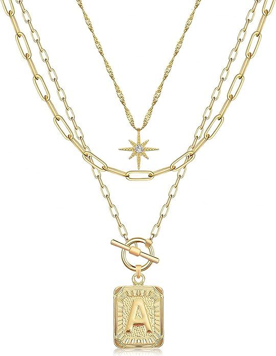 MJartoria Layered Initial Necklaces for Women Trendy, 14K Gold Plated Simple Star Choker Square L... | Amazon (US)