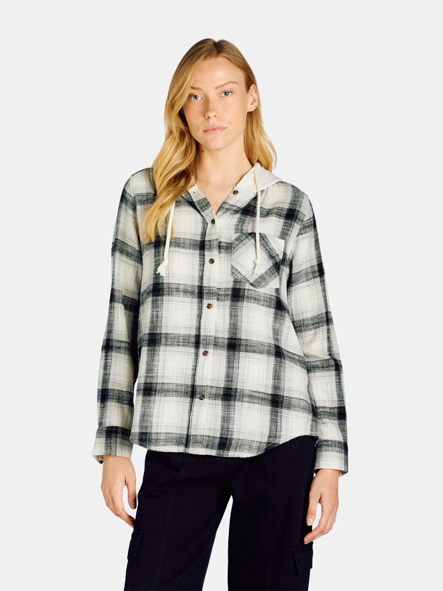 Time and Tru Women's Hooded Flannel Button Down Shirt with Long Sleeves, Sizes XS-XXXL - Walmart.... | Walmart (US)