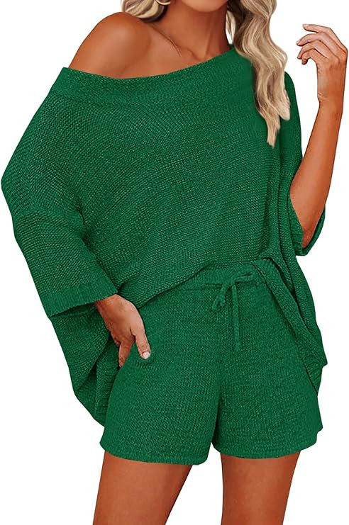 Mafulus Women's 2 Piece Outfits Sweater Sets Off Shoulder Knit Top Shorts Matching Suits Cute Paj... | Amazon (US)