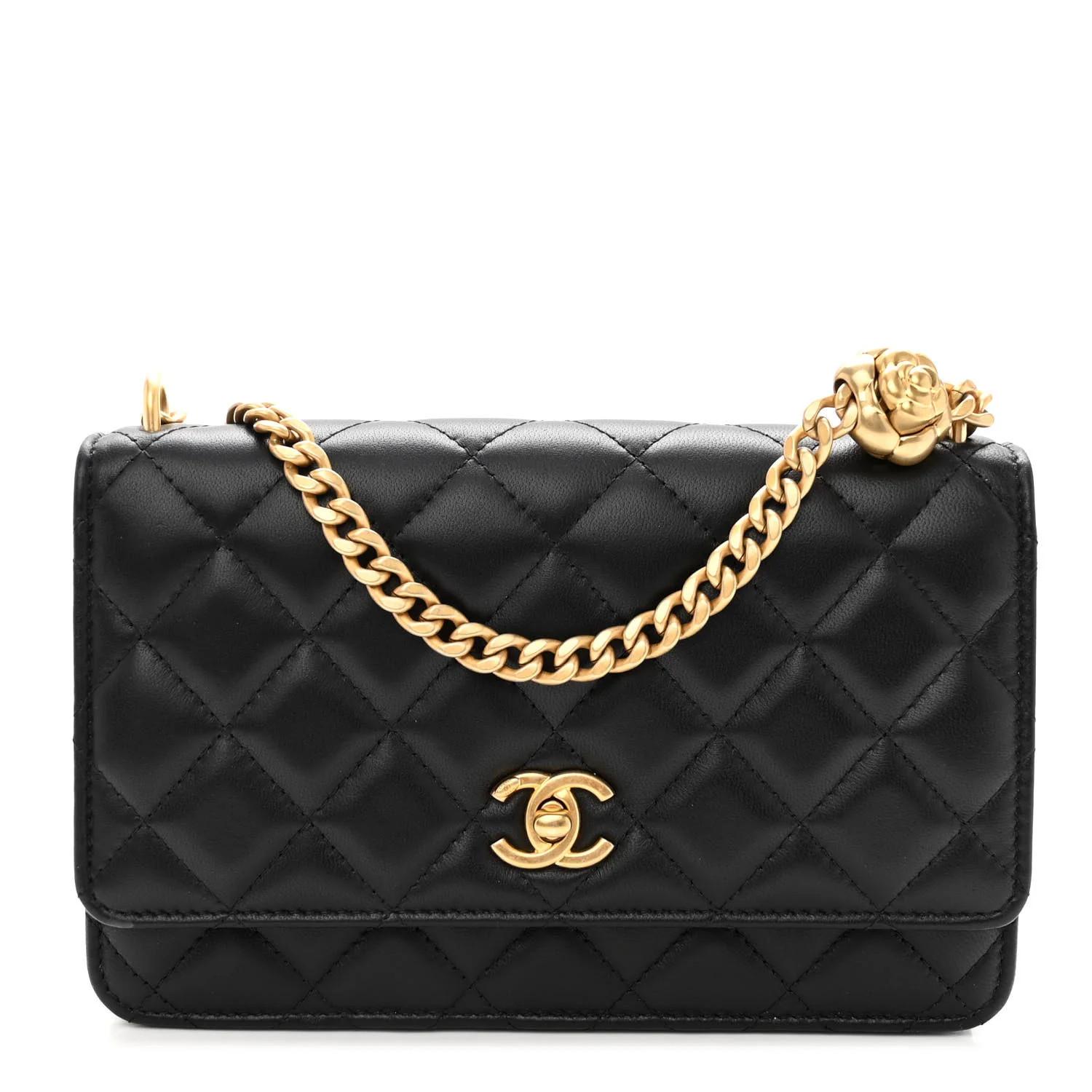 Lambskin Quilted Sweet Camellia Wallet on Chain WOC Black | FASHIONPHILE (US)