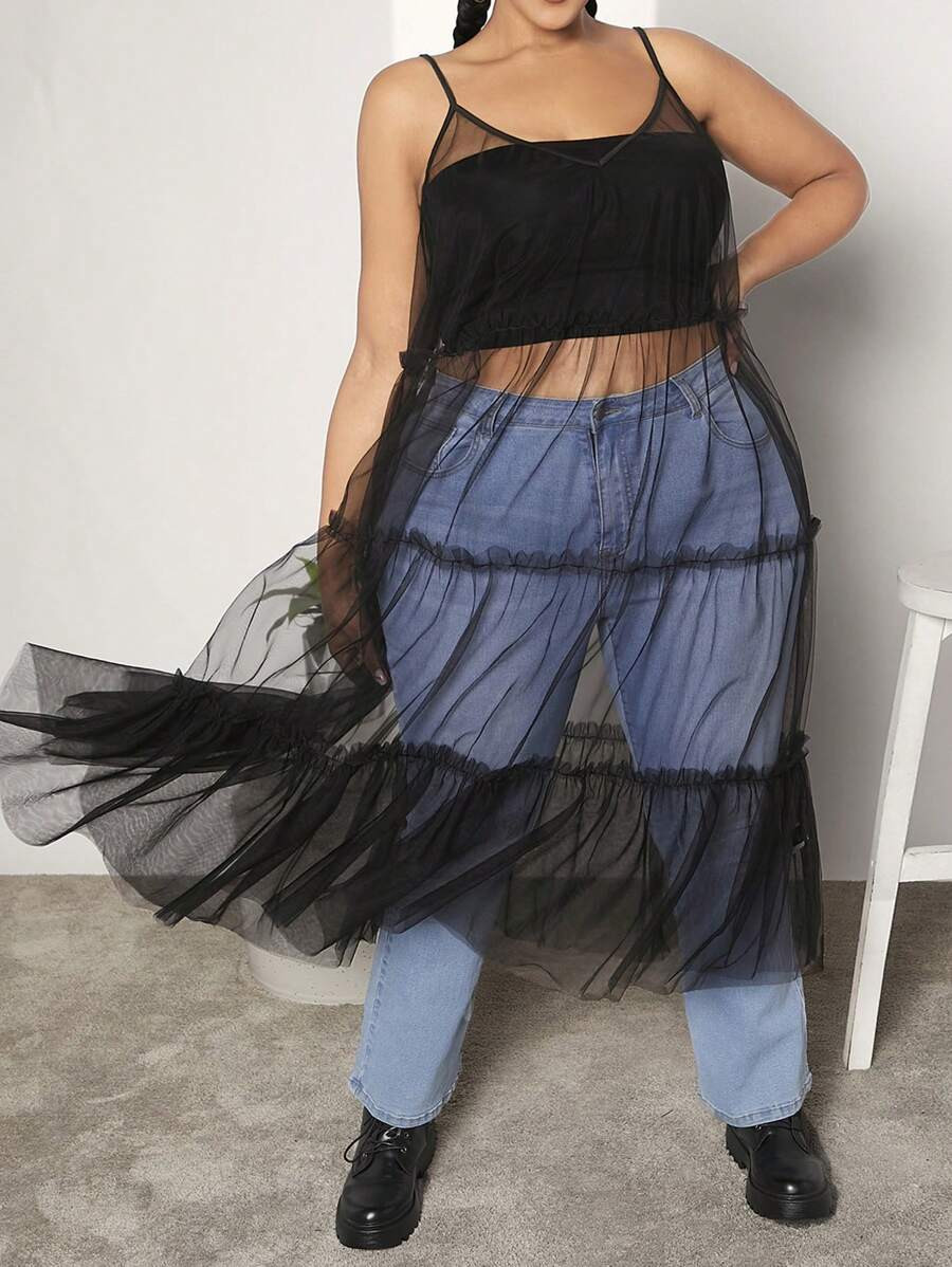 SHEIN CURVE+ Plus Size Women'S Mesh Net Spaghetti Strap Dress | SHEIN