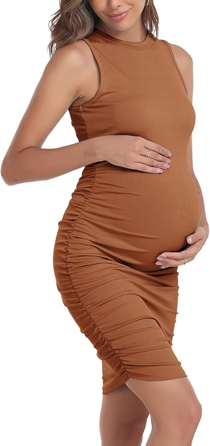 Sleeveless Maternity Summer Dress Ribbed Stretchy Ruched Bodycon Fitted Dress for Daily or Baby S... | Amazon (US)