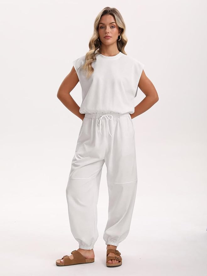 Amazon.com: Nfsion Womens Casual Jumpsuit Crewneck Cap Sleeve Long Wide Leg Pants One Piece Outfi... | Amazon (US)