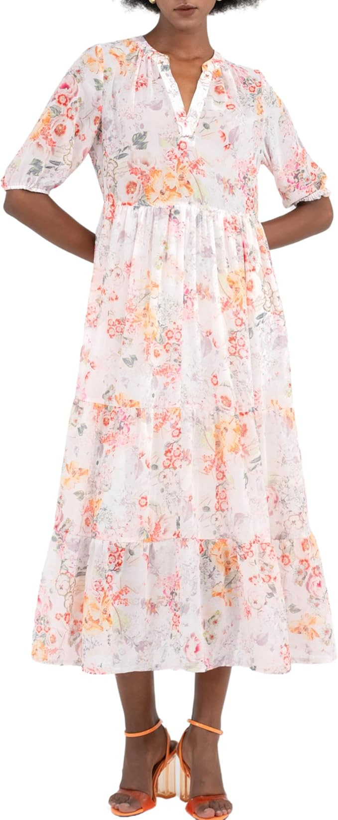 Womens Shift Dress Silk Chiffon V Neck Band Collar Mid Sleeve Elastic Pull On Work Office Busines... | Amazon (US)