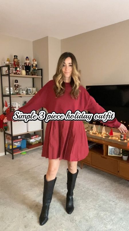 A simple 3 piece holiday outfit. Amazon style. Sweatshirt pleated skirt dress. Black western boots. Wearing a medium in the dress and size 8 TTS boots. Love the rhinestone hair bow as the final touch. Christmas outfit 

#LTKHoliday #LTKshoecrush #LTKstyletip