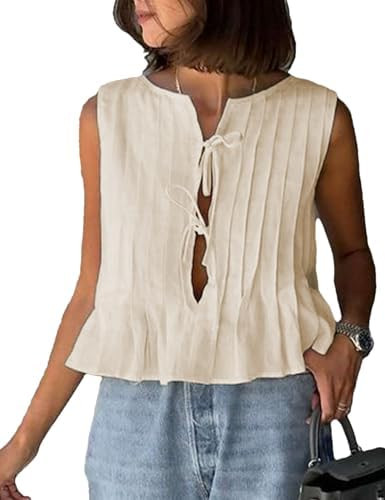 Zontroldy Linen Peplum Tops for Women Cute Tie Front Top Babydoll Tops | Amazon (US)