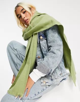 ASOS DESIGN recycled blend scarf with raw edge in mid green | ASOS (Global)