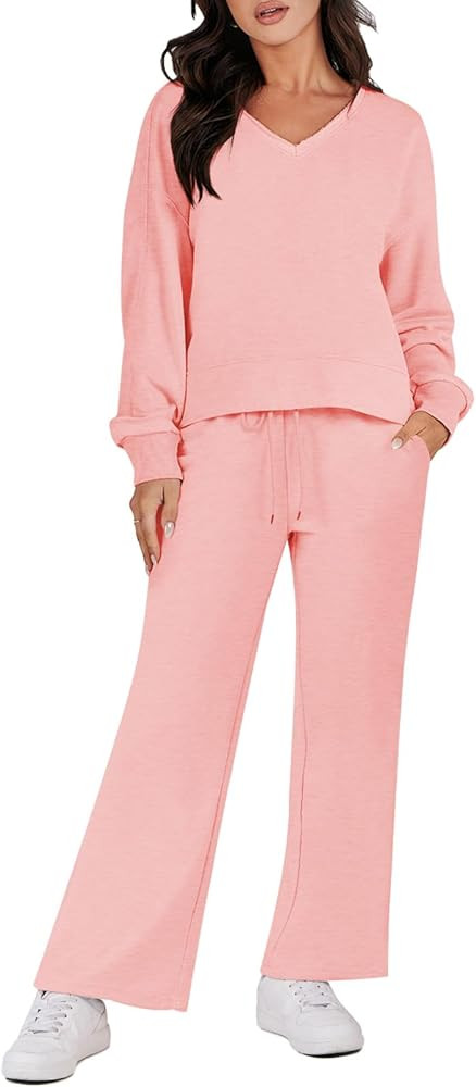LOGENE 2 Piece Outfits Lounge Jogger Set 2023 Fall Fashion Matching Sets Crop Top and Wide Leg Pa... | Amazon (US)