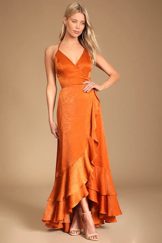 In Love Forever Rust Orange Satin Lace-Up High-Low Maxi Dress | Lulus (US)