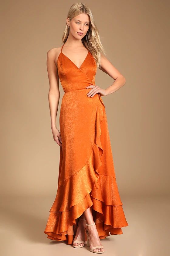 In Love Forever Rust Orange Satin Lace-Up High-Low Maxi Dress | Lulus (US)