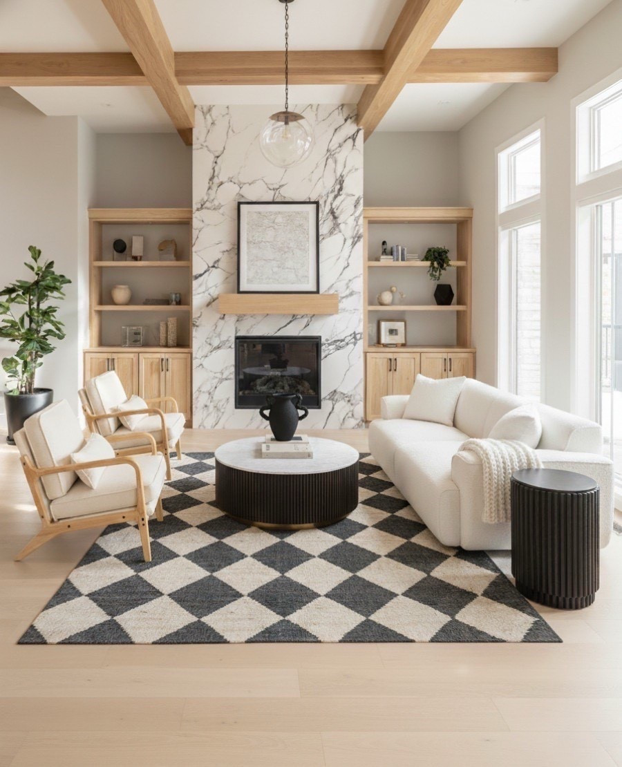 A refined mix of light and contrast defines this modern living room. The ivory upholstered sofa brings a soft, sculptural feel, accented with a cream knit throw for cozy texture. Opposite, the natural oak armchairs with off white cushions introduce warmth and balance. The black fluted coffee table with a white marble top anchors the center, paired with a matching black side table for continuity. Beneath it all, a cream and charcoal diamond patterned rug adds bold visual rhythm. The white marble fireplace with subtle veining and light oak built ins complete the space, enhanced by warm wood ceiling beams and sunlit windows that make the entire room glow.

✨ Shop the look:
Ivory sofa | Cream knit throw | Oak armchairs | Black fluted coffee table | Marble top accent | Black diamond rug | Black side table | Light oak built-ins | White marble fireplace | Globe pendant light | Fiddle leaf plant 

#LTKSaleAlert #LTKHome