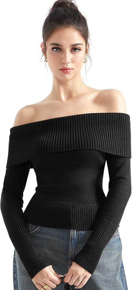 SUUKSESS Women Off Shoulder Sweaters Long Sleeve Ribbed Knit Going Out Fall Tops Blouse | Amazon (US)