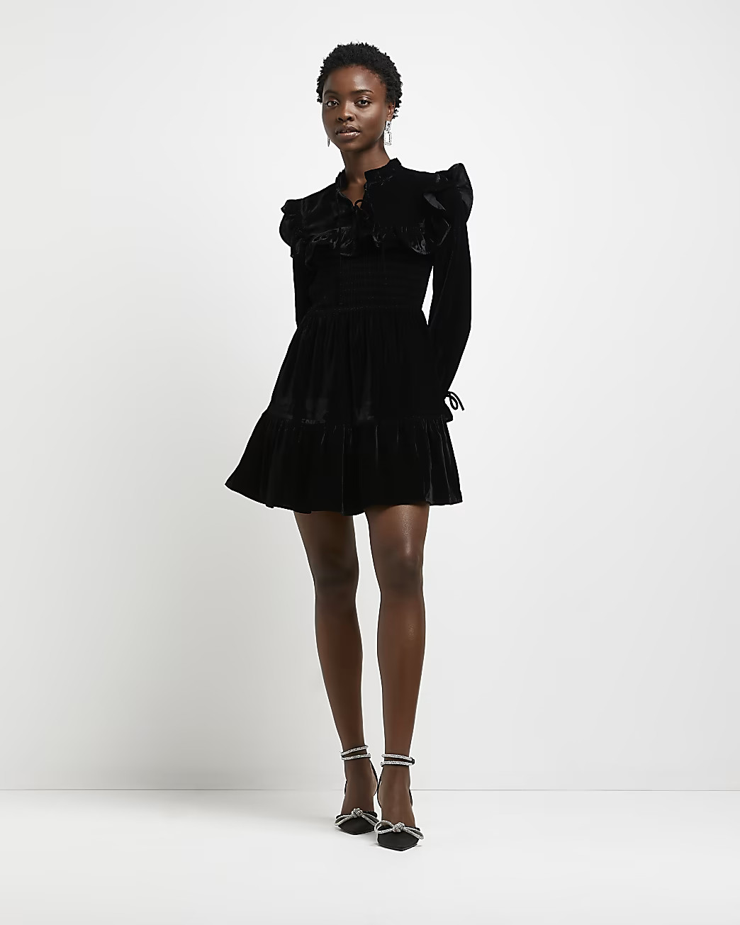 River Island Womens Black velvet tie neck mini dress | River Island (US)