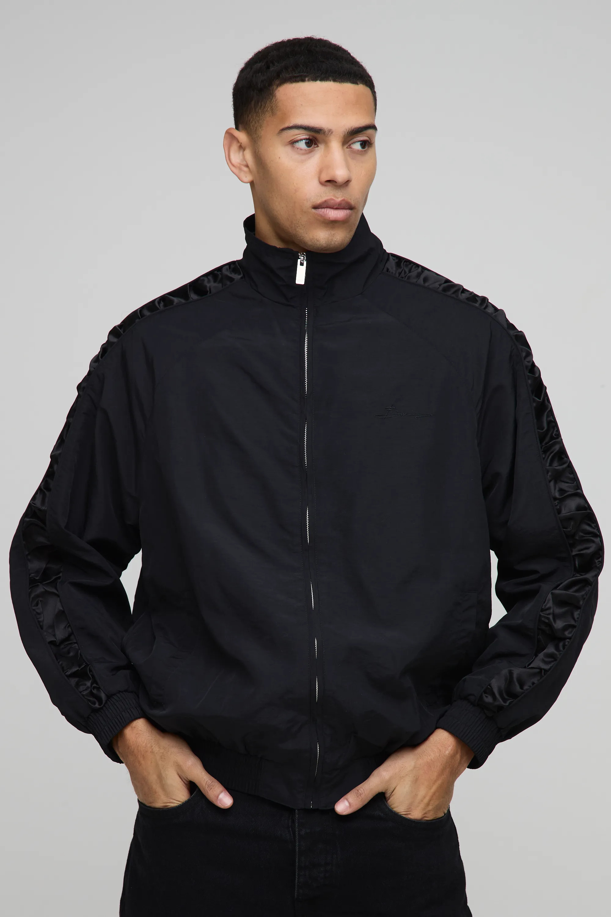 Regular Fit Satin Panel Ruched Sleeve Nylon Track Jacket | boohooMAN (US & Canada)