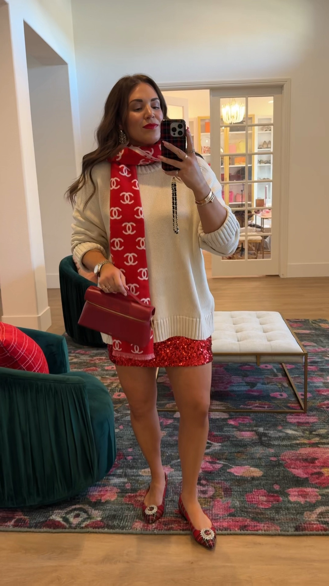 curvy midsize festive fit! day 12! wearing size xl in sweater for an oversized fit and size xl in red sequin skirt (runs small). scarf is Chanel! 

#LTKSeasonal #LTKMidsize #LTKHoliday