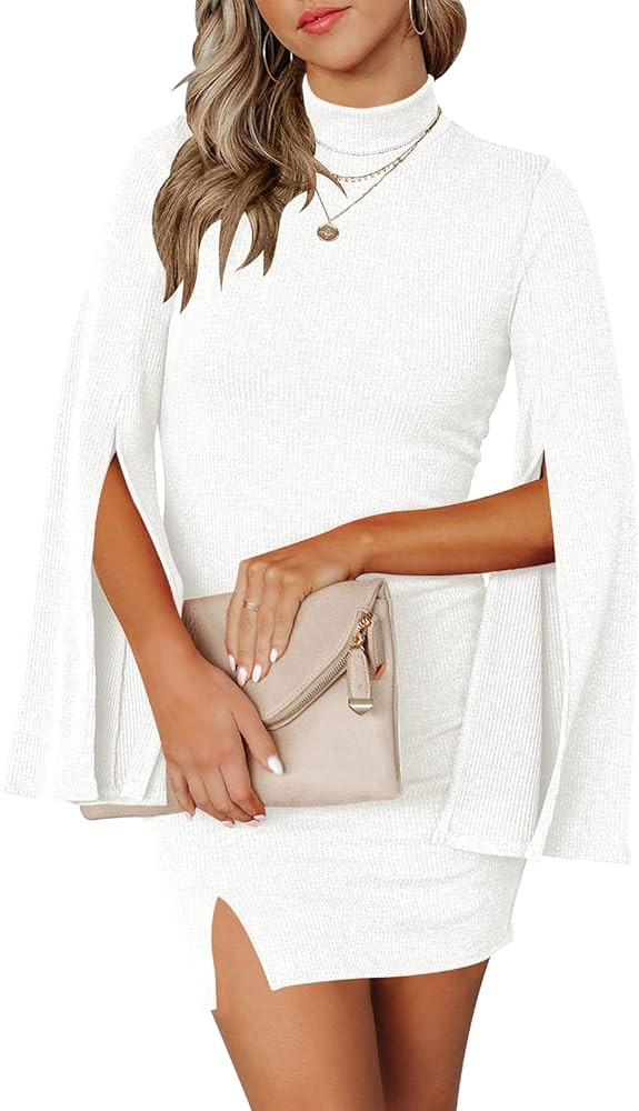 ANRABESS Women's Mock Neck Cloak Long Sleeve Slim Fit Slit Side Bodycon Knit Mini Dress for Clue ... | Amazon (US)
