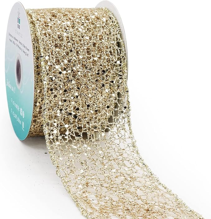 CT CRAFT LLC Sparkling Glitter Mesh Wired Ribbon 2.5" x 10 Yards Champagne Gold for Christmas Hom... | Amazon (US)