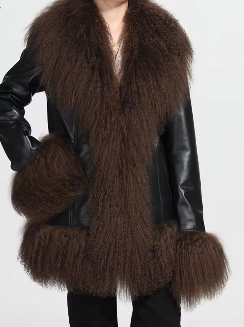 Sheep Leather Mongolian Fur Lapel and Sleeve Trimmed Coat | Etsy (US)
