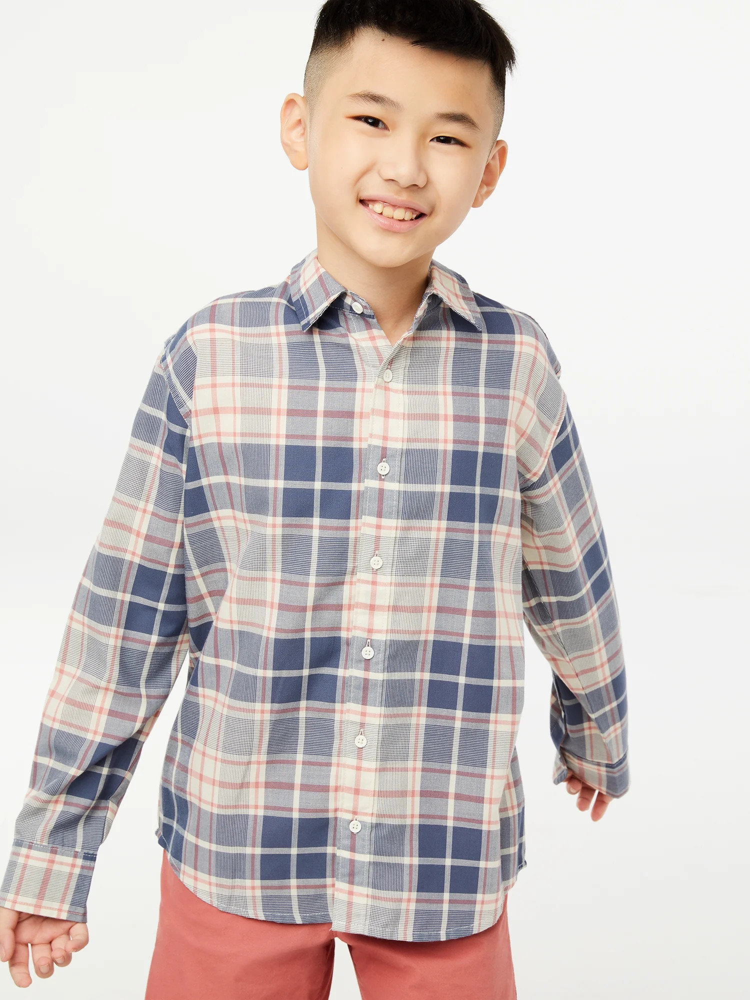Free Assembly Boys Woven Button Down Plaid Shirt, Sizes 4-18 - Walmart.com | Walmart (US)