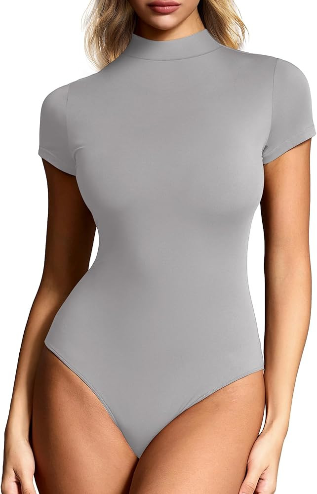 Women's Mock Neck Short Sleeve Bodysuit Double-Lined Seamless Body Suits for Women Going Out Basi... | Amazon (US)