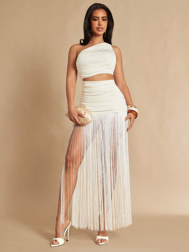 Sleeveless One Shoulder Fringe Dress | SHEIN