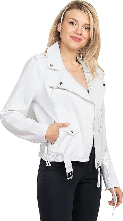 Women's Juniors Fashionable Cropped Denim Moto Biker Jacket | Amazon (US)